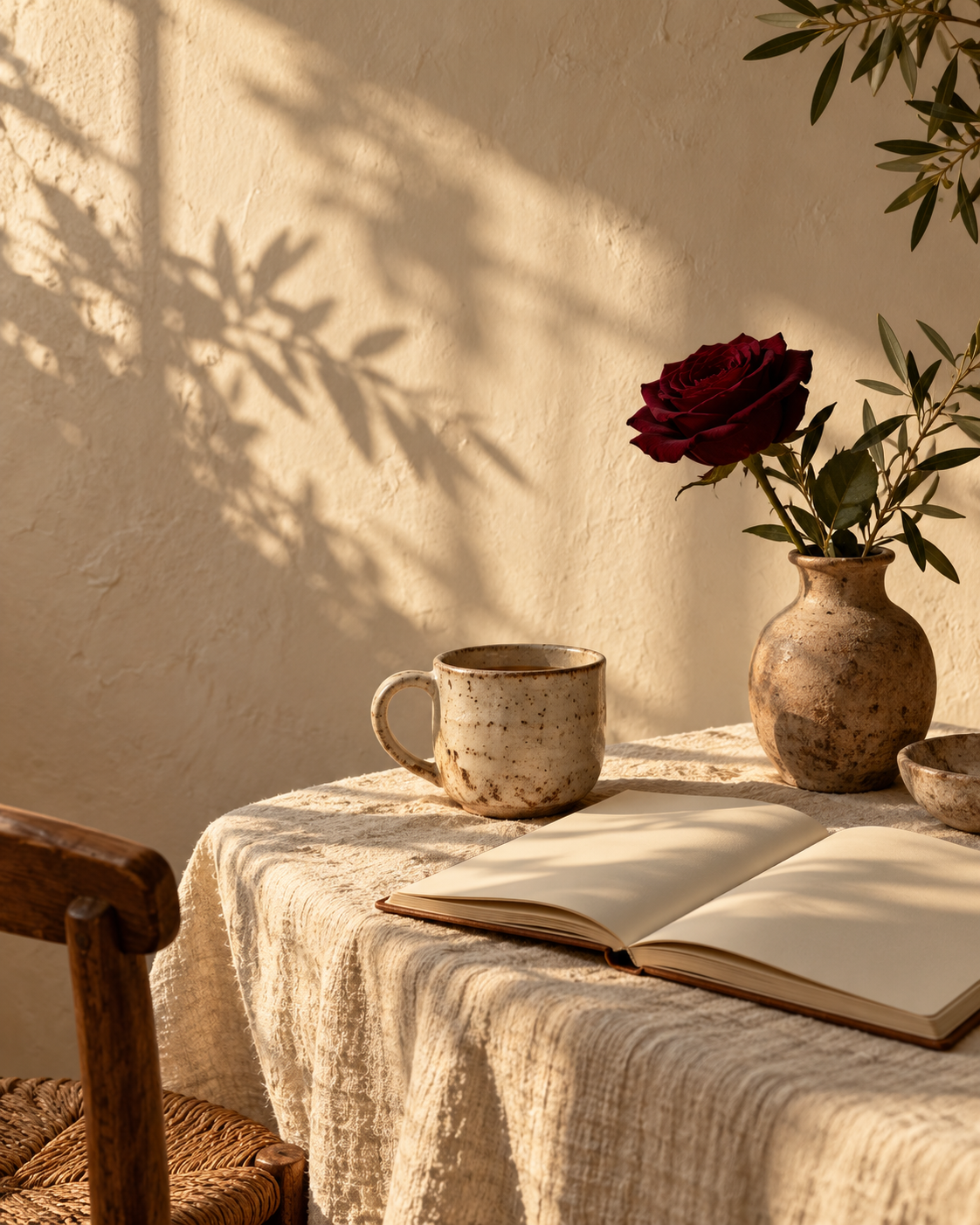 Uma rosa bordô, uma xícara e um caderno à luz do sol